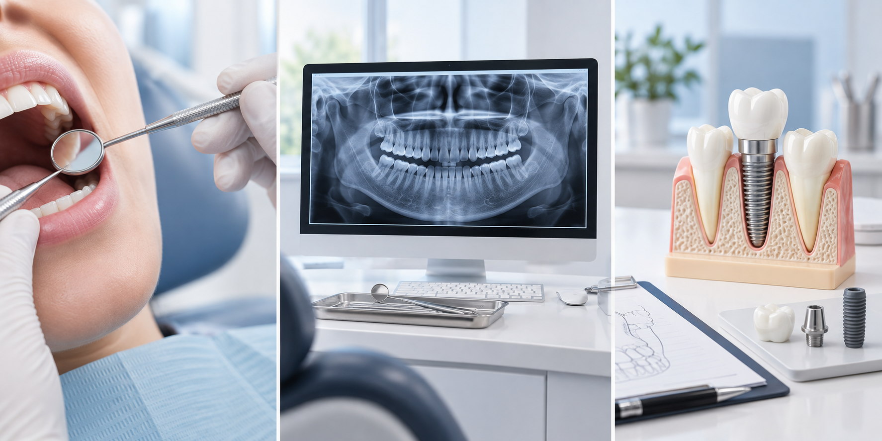 구강검사, 파노라마 검사, 임플란트 모형을 보여주는 교육 이미지